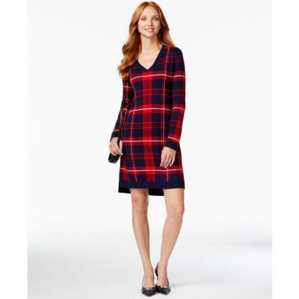 Tommy Hilfiger Red Blue Plaid Wool Blend Sweater Dress Women's Size Small S